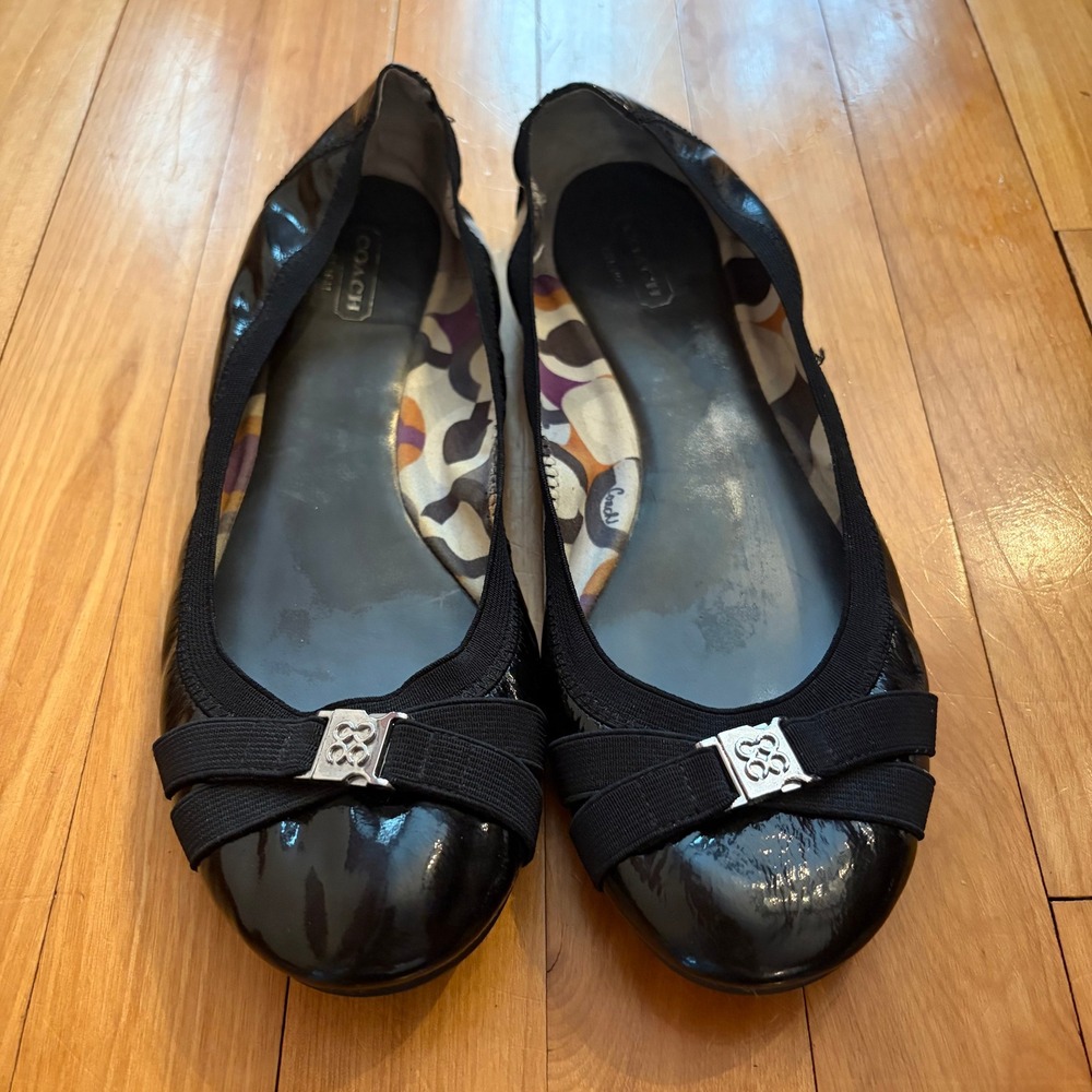 Coach Dwyer Black Patent Leather Ballet Flats Bow Logo Q1307 Womens 10B